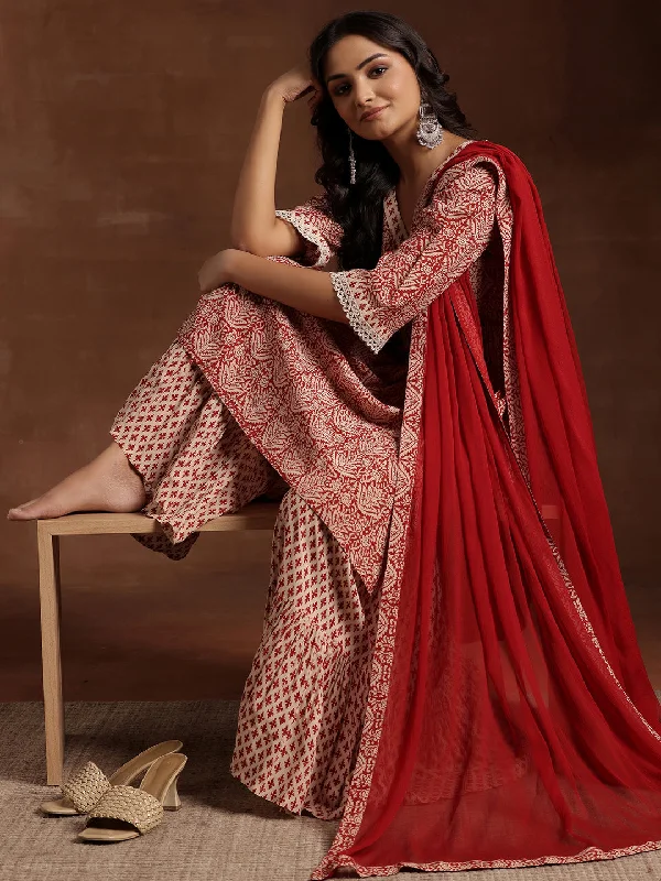 Red Printed Cotton A-Line Kurta With Sharara & Dupatta