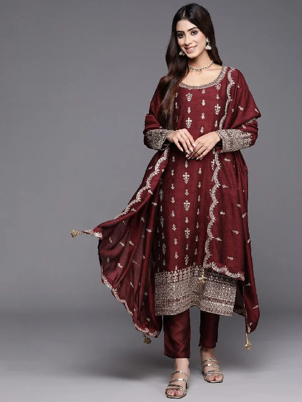 Maroon Embroidered Silk Blend Pakistani Suit