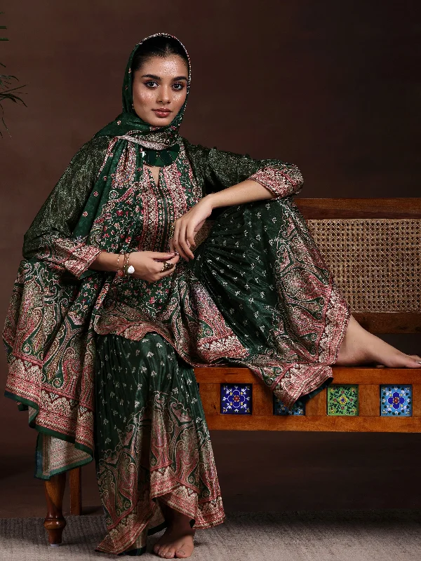 Green Printed Silk Blend Straight Suit With Dupatta