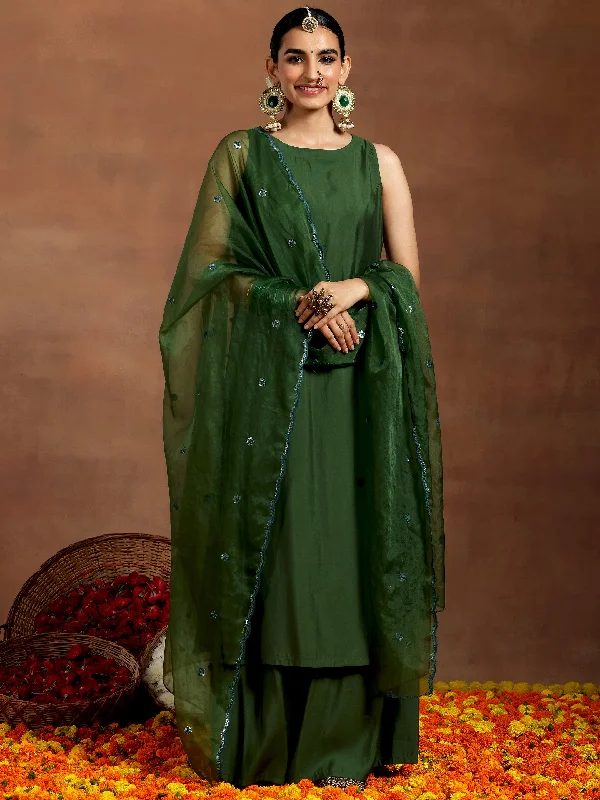 Green Solid Silk Blend Straight Suit With Dupatta