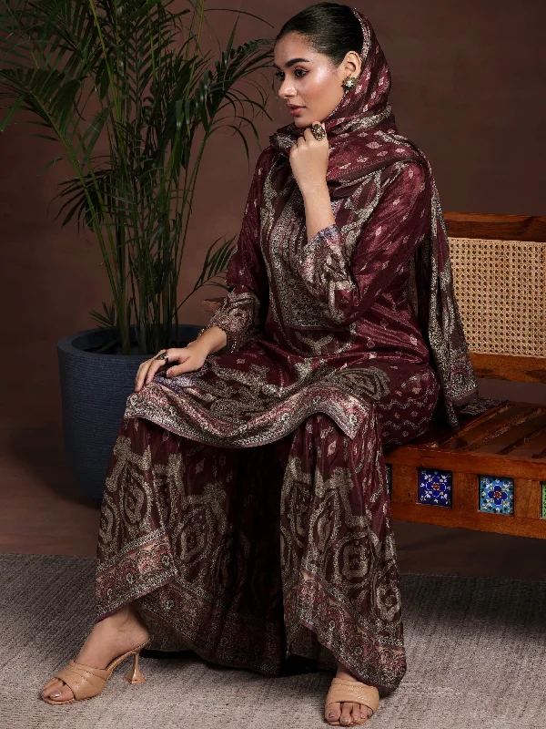 Brown Printed Silk Blend Straight Suit With Dupatta