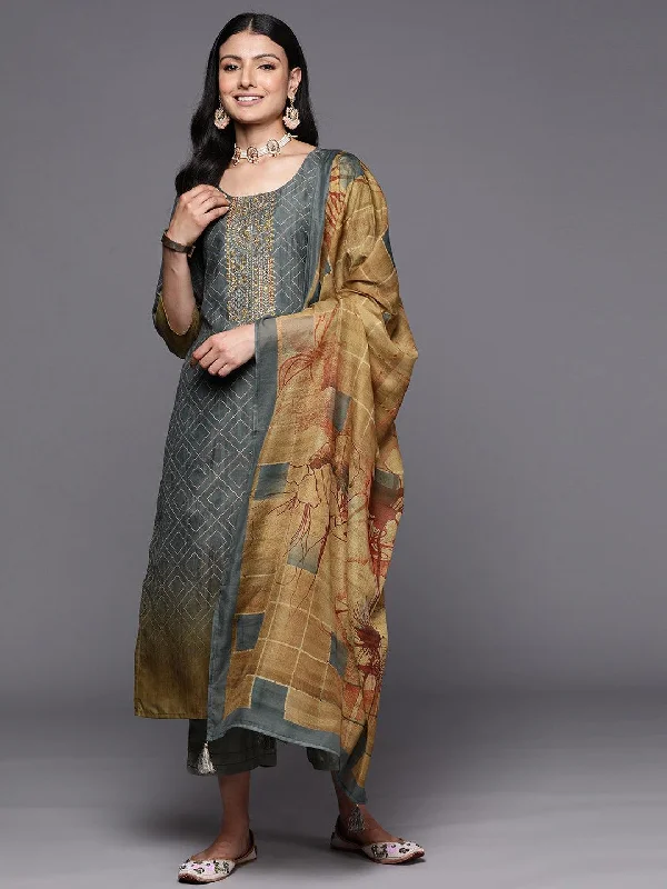 Grey Yoke Design Silk Blend Straight Kurta With Trousers & Dupatta