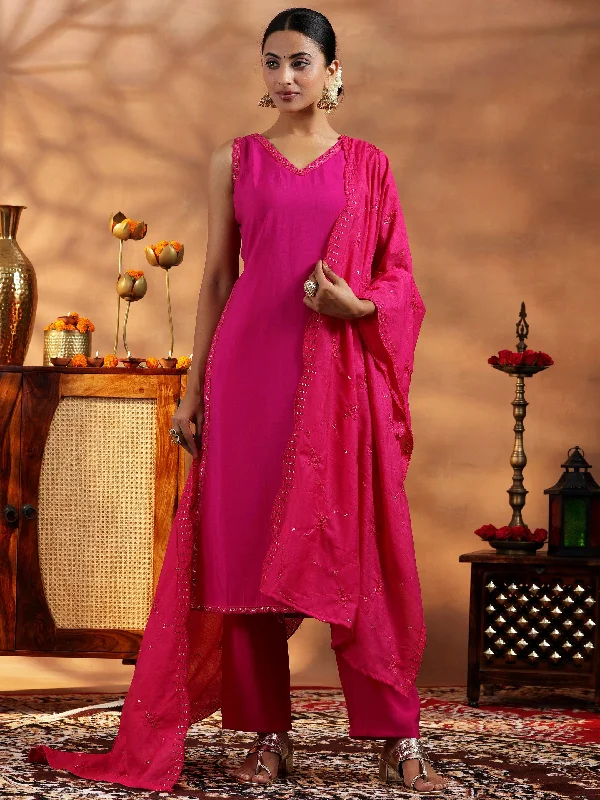 Pink Solid Silk Blend Straight Suit With Dupatta