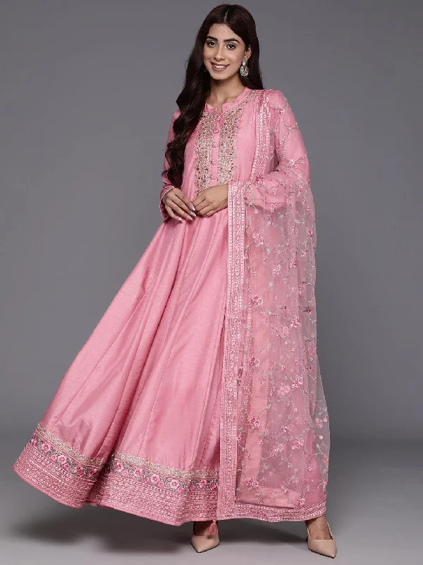 Libas Art Pink Yoke Design Silk Anarkali Suit With Dupatta