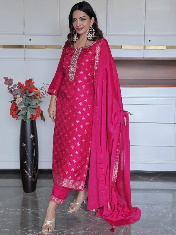 Magenta Woven Design Silk Blend Straight Suit With Dupatta