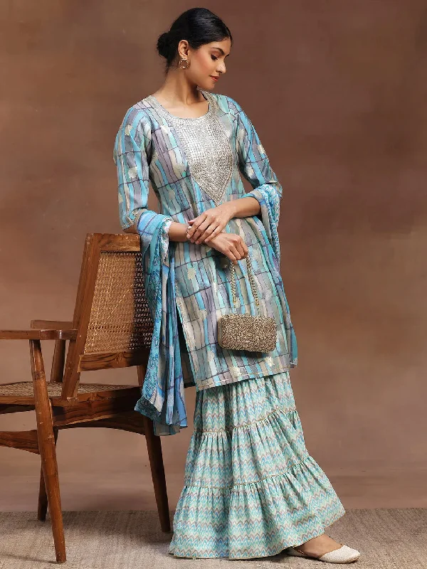 Blue Printed Silk Blend Straight Suit With Dupatta