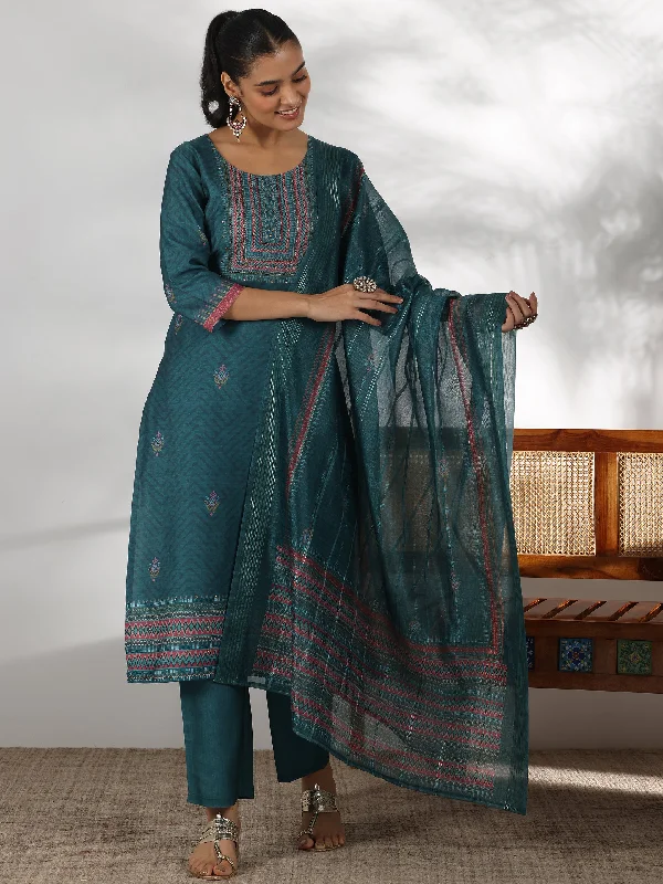 Teal Green Printed Silk Blend Straight Suit With Dupatta