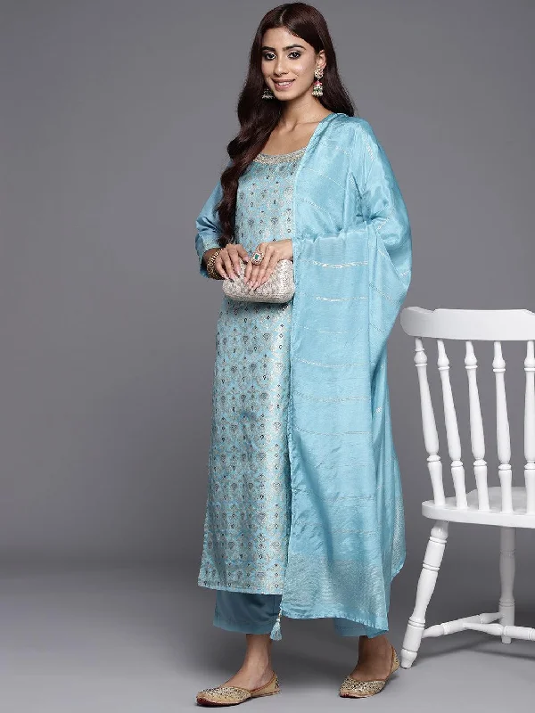 Blue Woven Design Silk Blend Straight Suit With Dupatta