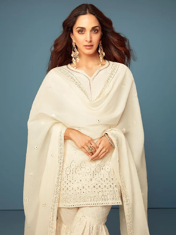 Off White Embroidered Cotton Straight Suit With Dupatta