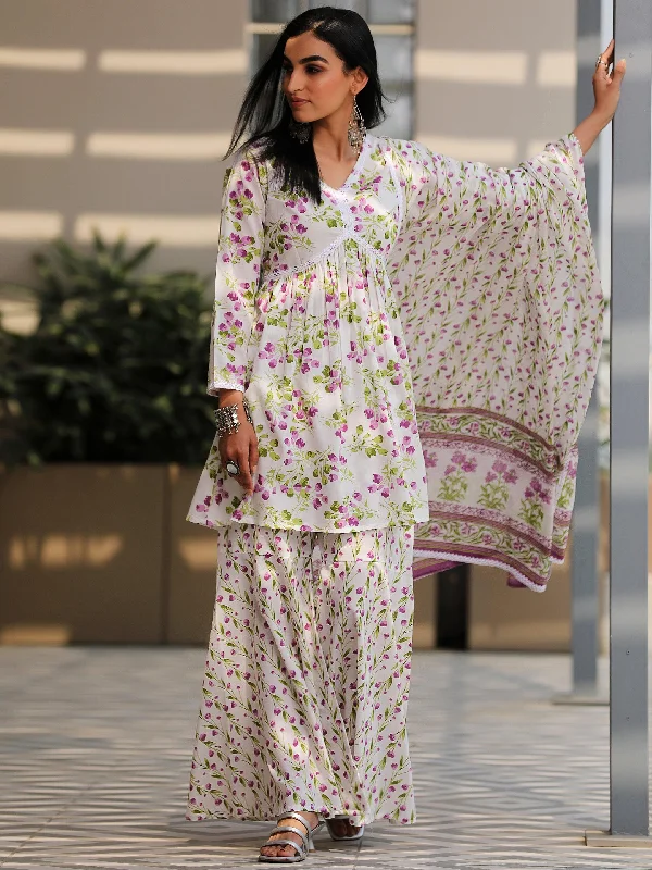 Off White Printed Cotton A-Line Kurta With Sharara & Dupatta