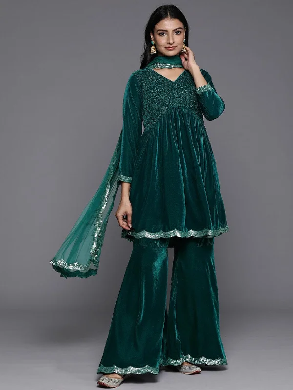 Blue Embroidered Velvet A-Line Kurti With Sharara & Dupatta