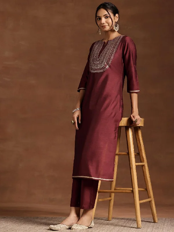 Maroon Yoke Design Silk Blend Straight Kurta Set