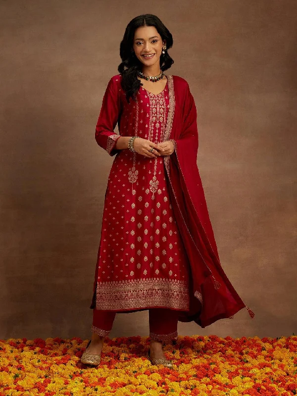 Pink Woven Design Silk Blend Straight Suit With Dupatta