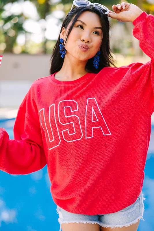 USA Red Embroidered Corded Sweatshirt