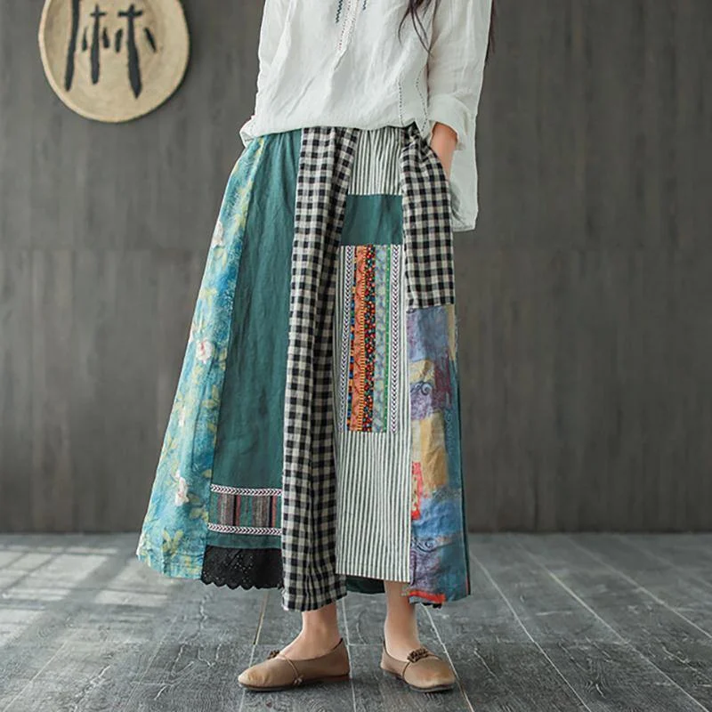 Asymmetrical Print Casual 100% Linen A-line Skirt ( Limited Stock)