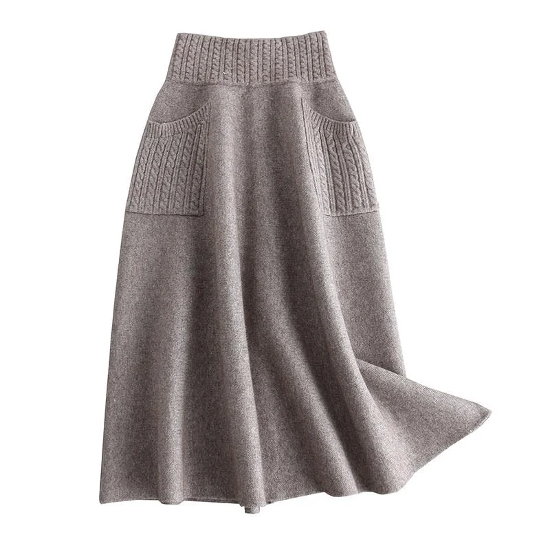 Sherhure 2019 High Waist Women Winter Wool Knitting Long Skirts Faldas Jupe Femme Saia Vintage Women Black Skirt With Pocket