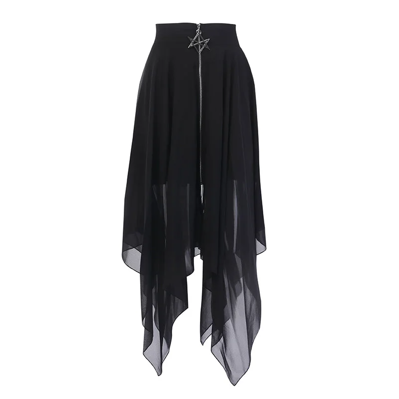 Summer Mesh Irregular Women Skirts Pentagram Zipper Black Punk Skirts Gothic Darkness Lady Skirt Casual Loose Streetwear Skirts