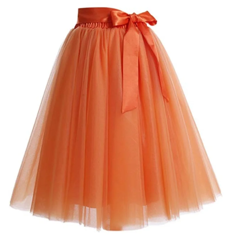 Summer Style 6 Layers Knee Length Tutu Tulle Skirt High Elastic Waist Swing Ball Gown Pleated Skater Skirts Saias Jupe