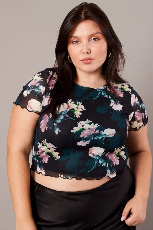 Black Floral Mesh Top Short Sleeve Crew Neck