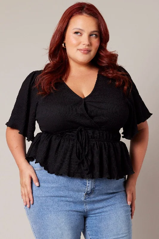 Black Wrap Top Short Sleeve Textured