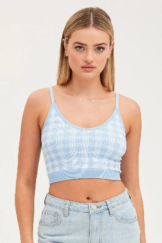 Blue Check Singlet Crop Top Seamless