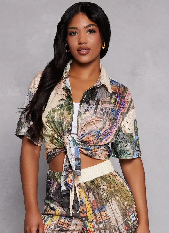 City Print Button Front Top