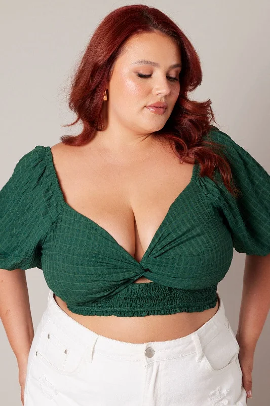 Green Crop Top Short Sleeve Cut Out Textured