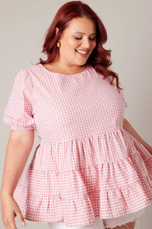 Pink Check Smock Top Short Sleeve Tiered