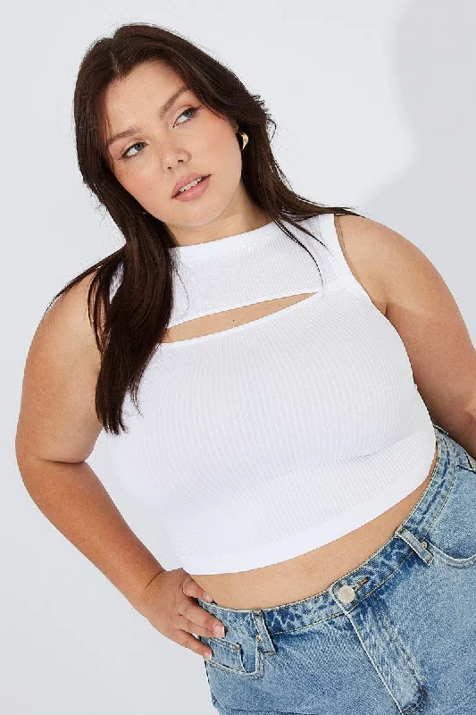 White Cut Out Tank Top Crew Neck Seamless