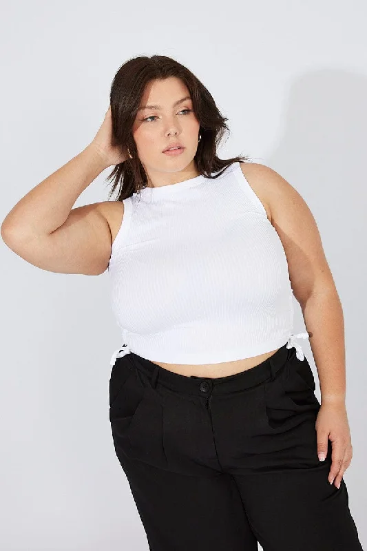 White Tank Top Crew Neck Seamless Side Ruched