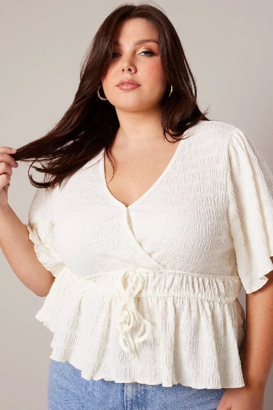 White Wrap Top Short Sleeve Textured