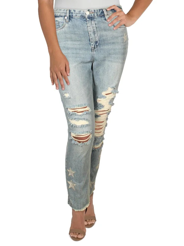 Womens Denim Patchwork Straight Crop Jeans