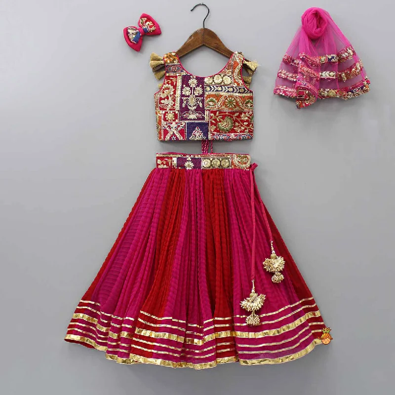 Beautiful Heavy Thread Embroidered Top With Dual Toned Lehenga And Dupatta With Hair Clip