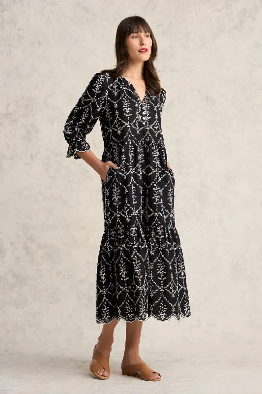 Cotton Broderie Dress - Black & Ecru Broderie