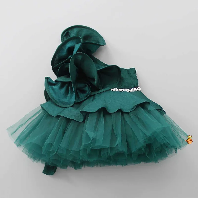 Charming Green Ruffled One Shoulder Dress