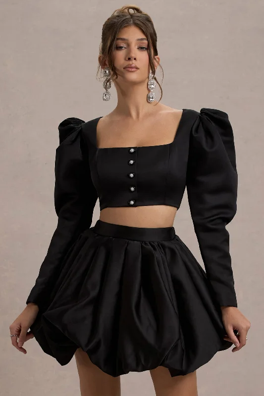 Eloisa | Black Satin Puff-Sleeve Cropped Jacket