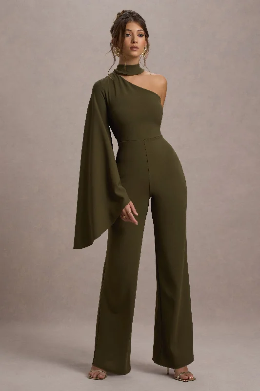 Fenix | Khaki Asymmetric Cape-Sleeve Straight-Leg Jumpsuit