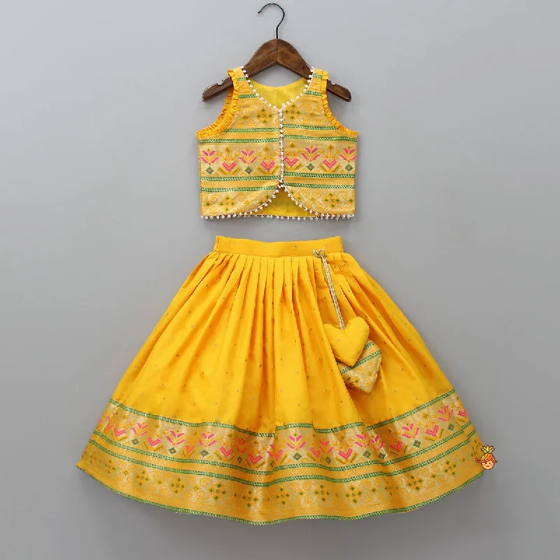 Front Open Brocade Mustard Top And Lehenga