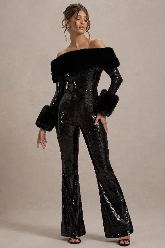 Lunar | Black Sequin Bardot Flared-Leg Jumpsuit With Fur