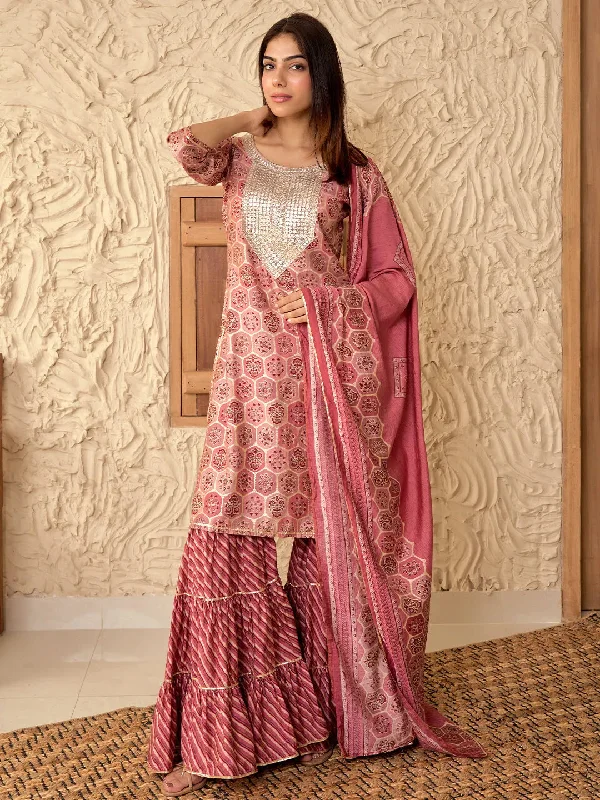 Pink Yoke Design Silk Blend Straight Suit With Dupatta