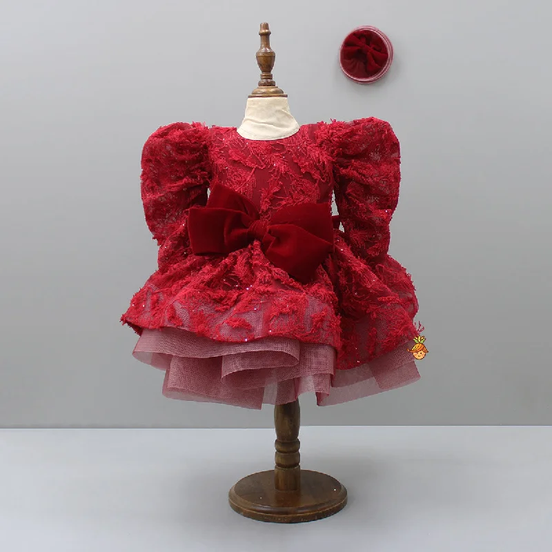 Red Layered Dress And Detachable Bow With Matching Swirled Hair Clip