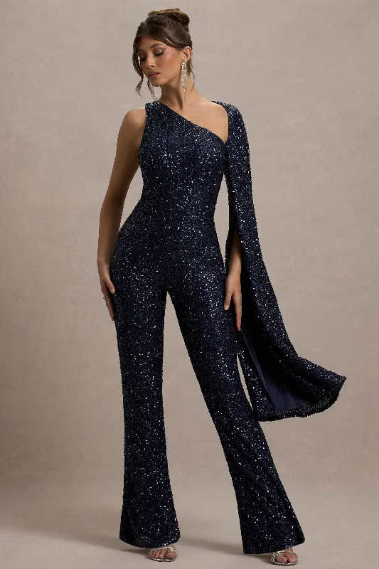 Star Seeker | Navy Sequin One-Shoulder Cape Sleeve Jumpsuit