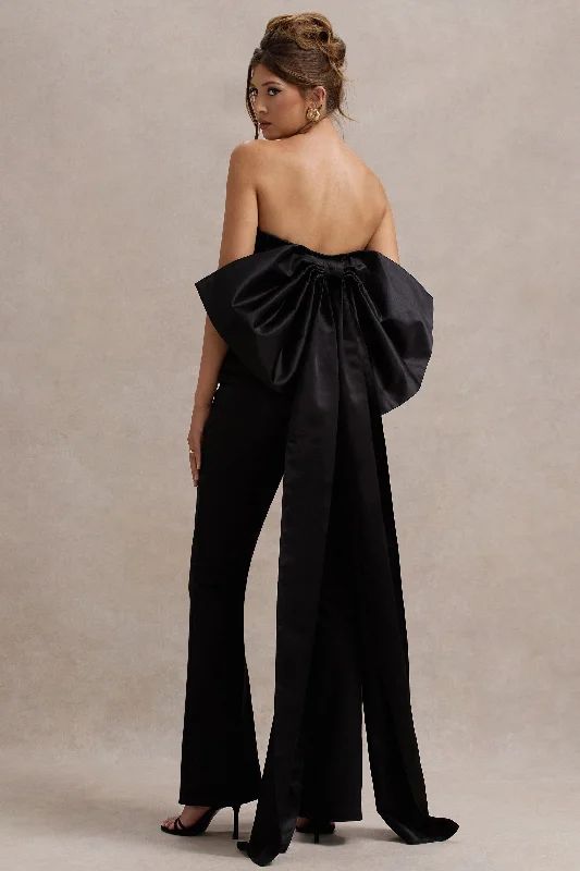 Sweet Escape | Black Satin Crop Top With Oversized Satin Bow