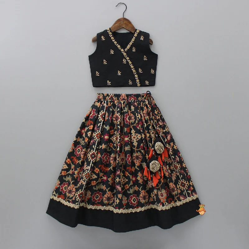 Zardozi Work Black Top And Printed Lehenga