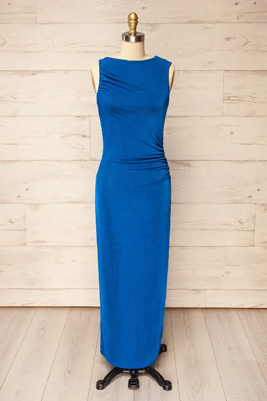 Belleville | Sleeveless Blue Ruched Maxi Dress