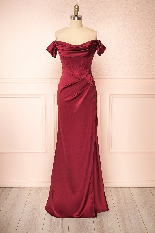 Evolet Burgundy | Off-Shoulder Corset Maxi Dress