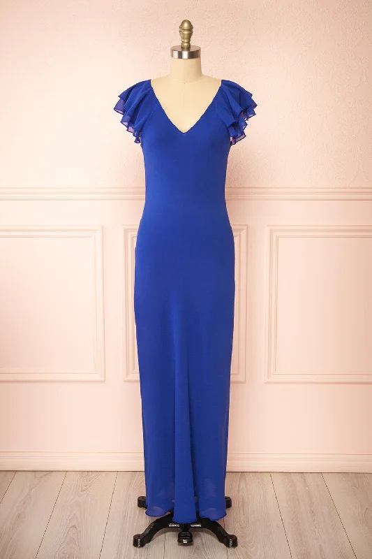 Fieria | Blue Maxi Dress w/ Ruffled Sleeves