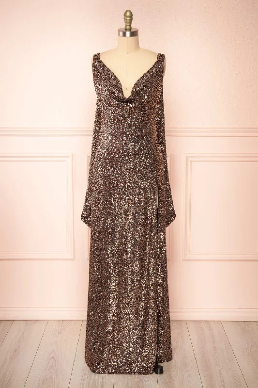 Janett | Black Maxi Dress w/ Rosegold Sequins & Slit