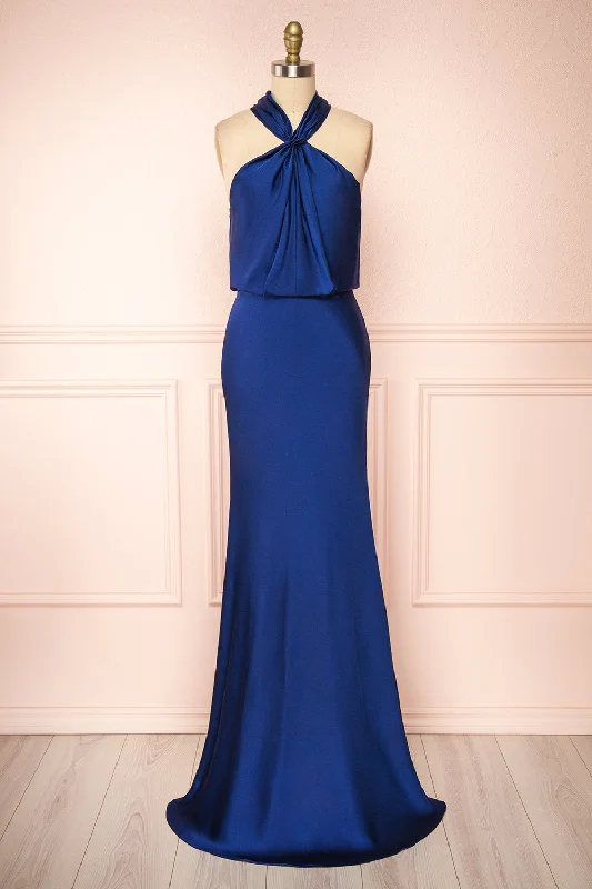 Jinny Navy | Satin Halter Maxi Dress