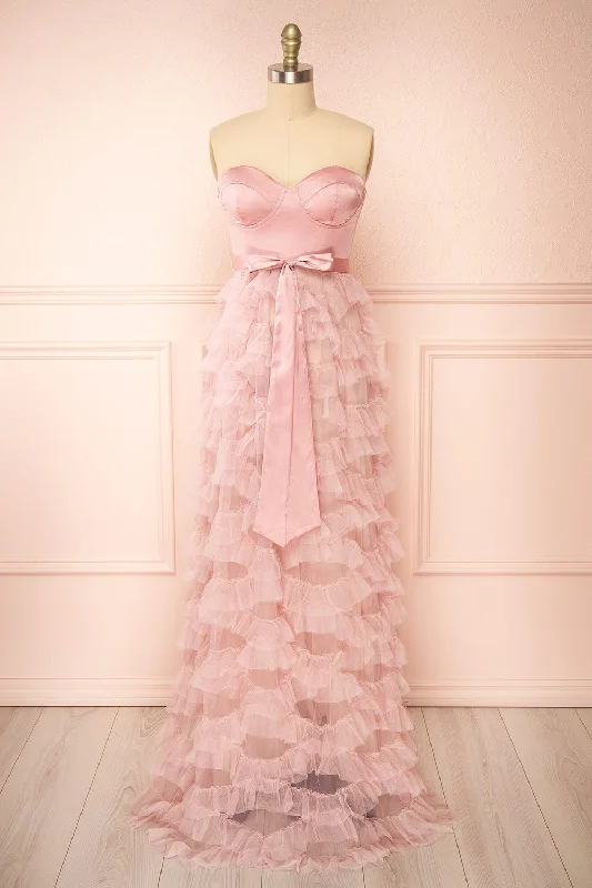 Jurin Blush | Bustier Maxi Dress w/ Ruffled Tulle